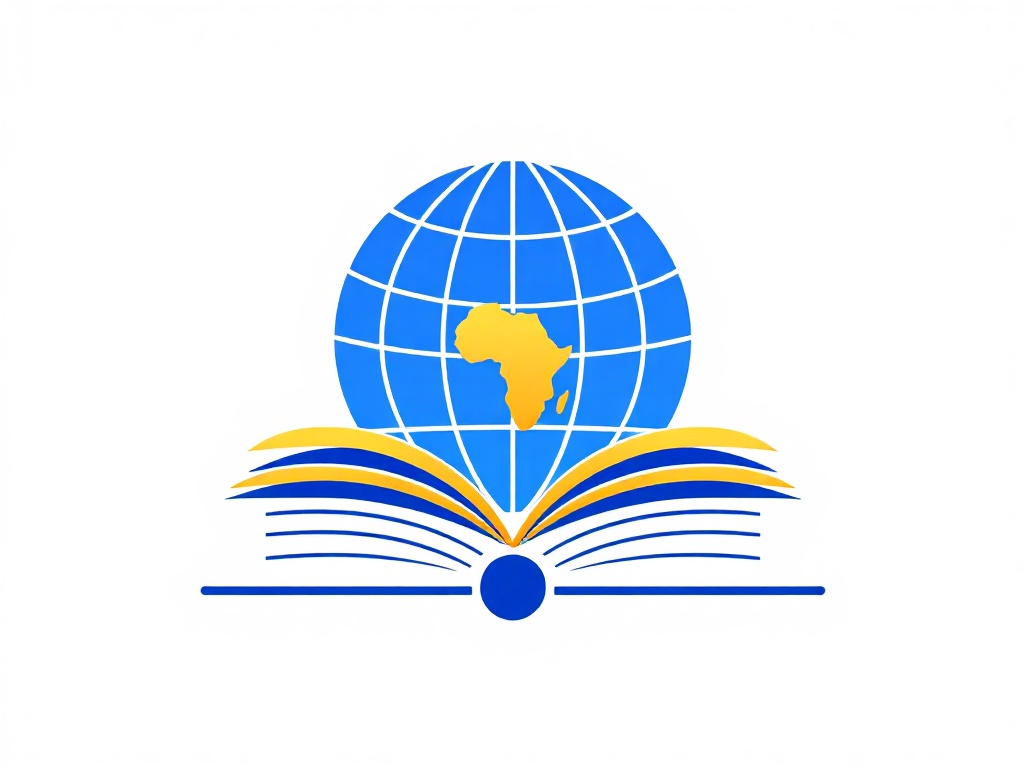 Minimalist geometric symbol combining an open book and a globe, clean lines, gradient of deep blue to gold, isolated on white background. Vector-style, high contrast, 8k.